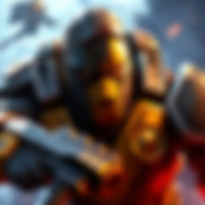 Doomfist, the powerful tank character, shown in action with a focused expression, surrounded by gameplay elements and other characters in the background.