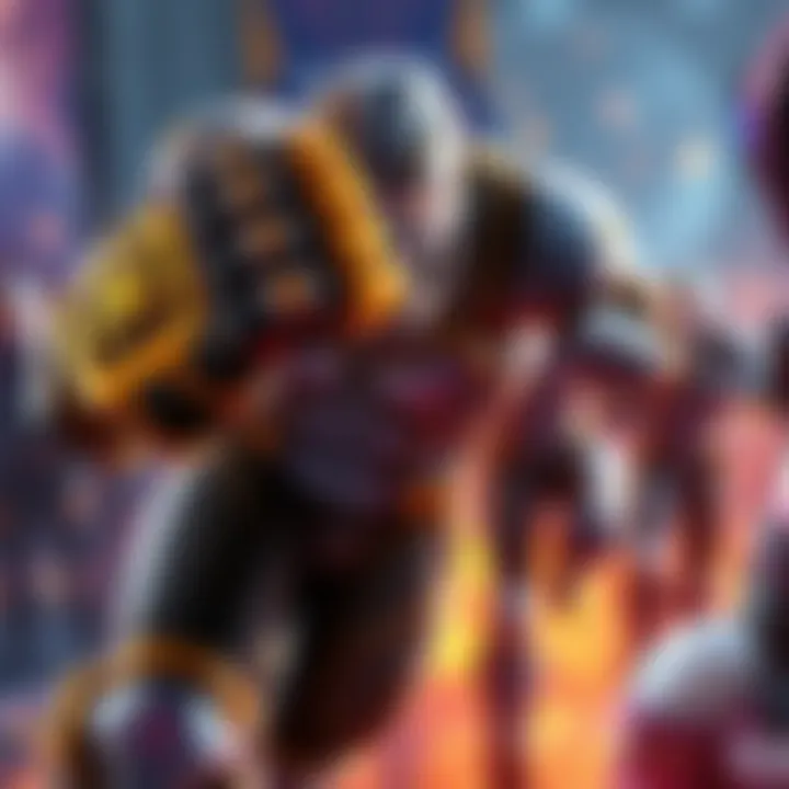 A powerful character wearing a robotic fist, charging towards an opponent in a competitive game environment.