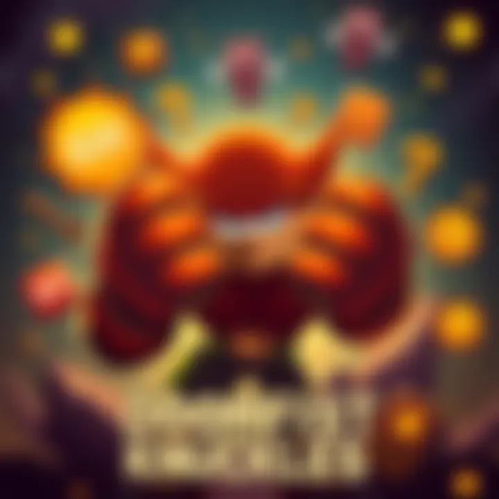 A creative depiction of Doomfist Knuckles, featuring a gaming character with unique knuckles, surrounded by playful elements symbolizing the creator's journey, including curses and humor.