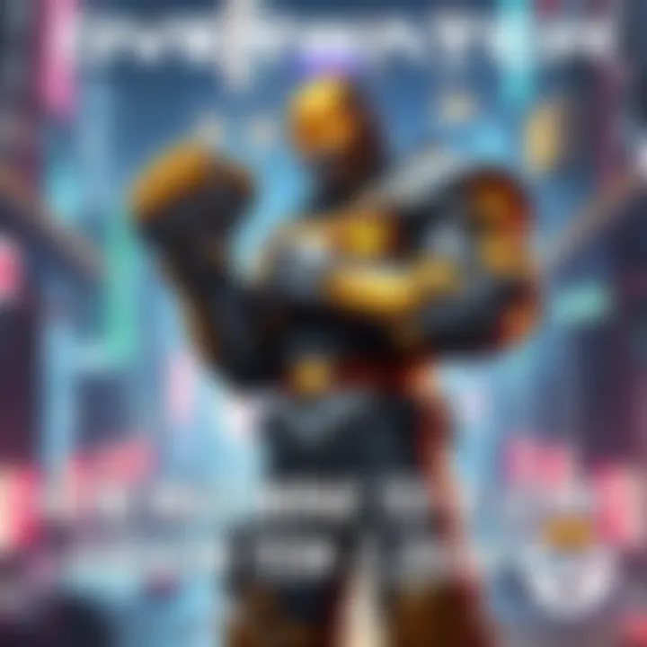Doomfist character wielding his iconic gauntlet, standing confidently against a futuristic city backdrop