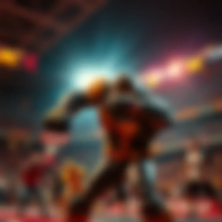 A character resembling Doomfist, a muscular hero, using powerful punches in a vibrant stadium setting, with cheering crowds in the background