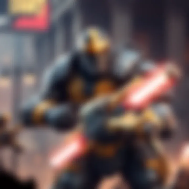 A powerful character in a heavy armored suit, showcasing tank abilities in a battle environment