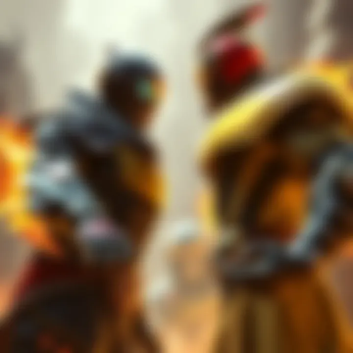 Doomfist appears tense while facing off against Vendetta in a dramatic battle scene, showcasing their intense expressions and stances.