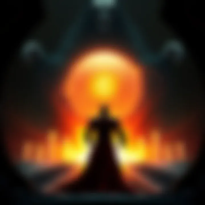 Doomguy stands ready to confront the Dark Lord's glowing life sphere, with a dark ominous background.