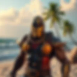 A Doomfist character skin featured in a beach setting, with palm trees and ocean waves in the background, highlighting the new bundle controversy among fans.