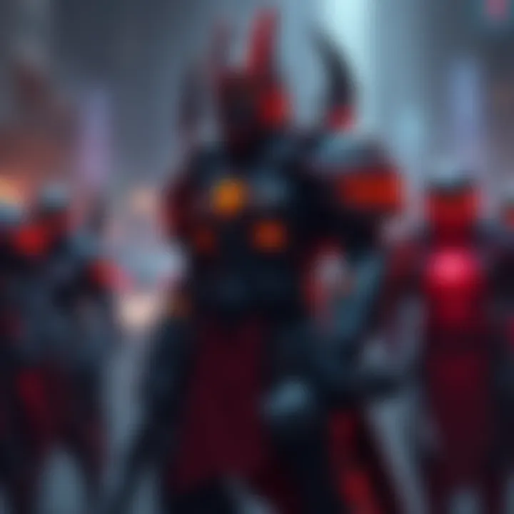 Doomslayer stands ready for battle alongside Night Sentinels, armored figures prepared to fight against a shared enemy