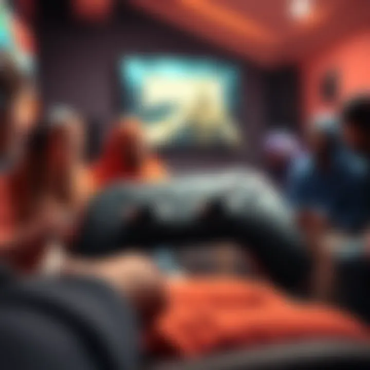 A close-up of the Doomstick game controller showcasing its unique design and features, with players discussing its impact in the background.