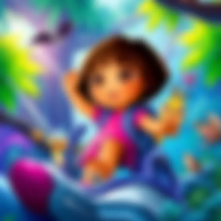 Dora and her friends exploring a colorful rainforest with lush trees and wildlife