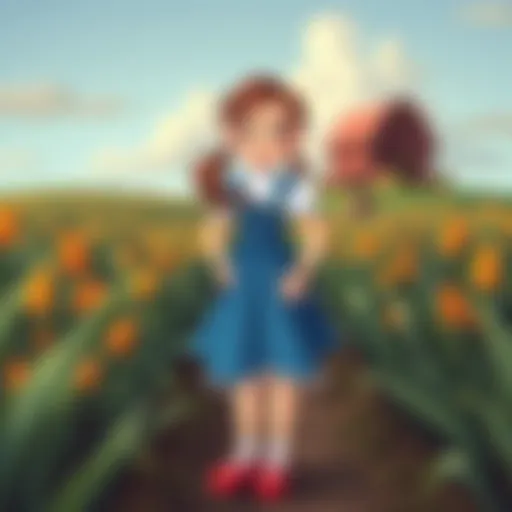 Illustration of a girl in a blue dress and ruby slippers, standing in a cornfield with a friendly smile, representing Dorothy from the Wizard of Oz with a Midwestern twist.