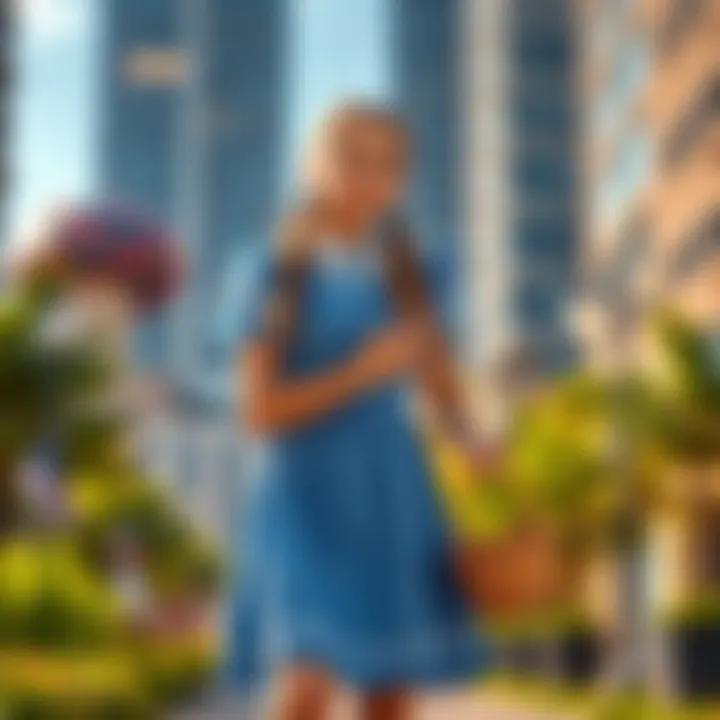 Dorothy standing confidently in a contemporary urban landscape, wearing a blue dress and holding a basket, symbolizing her role as a new protagonist.