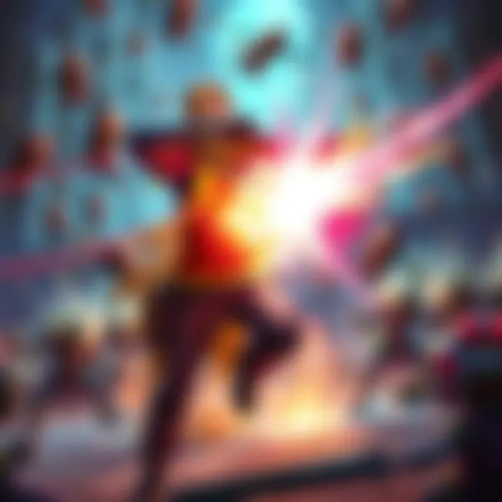 Damage-over-time build in gaming A character unleashing a damage-over-time attack on multiple enemies in a vibrant game setting