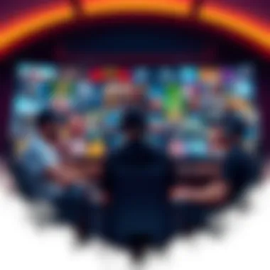 A group of veterans sharing laughs while reminiscing about Dota 1, with a colorful backdrop of iconic game art and humorous nicknames displayed on the screen.