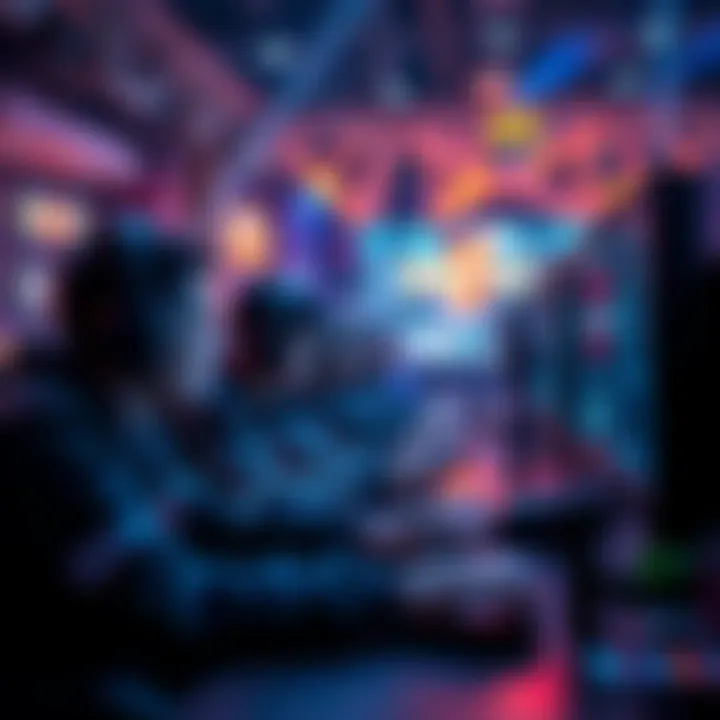 A thrilling scene of a Dota 2 match with players intensely focused on their screens, showcasing teamwork and strategy in a vibrant gaming environment.