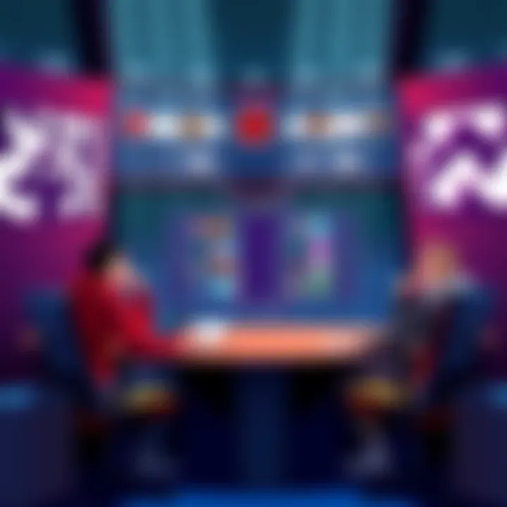 An illustration showing a Dota 2 game draft with players discussing strategies, a scoreboard and hero icons in the background.