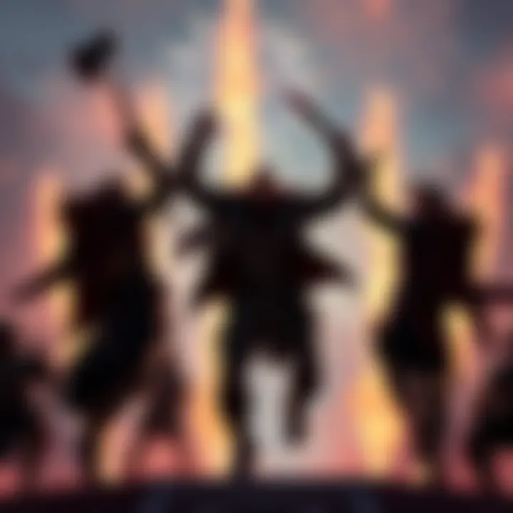 A group of five Dota 2 heroes executing a powerful Echo Slam ability, with players cheering and fireworks in the background, showcasing the excitement of teamwork in gaming.