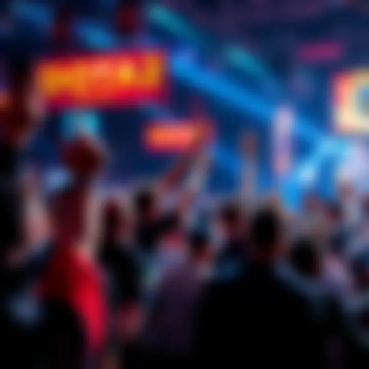 Fans celebrating DOTA2 victories at a major esports event, with colorful banners and team logos in view.