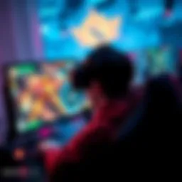 A gamer intensely focused on a DOTA 2 match, with a monitor showing colorful game graphics and team statistics on the screen.
