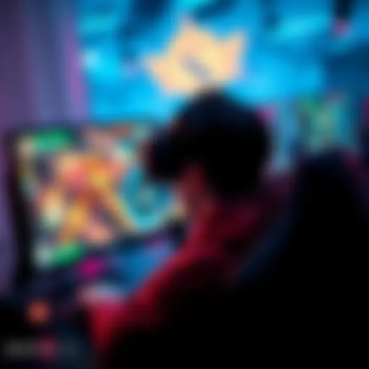 A gamer intensely focused on a DOTA 2 match, with a monitor showing colorful game graphics and team statistics on the screen.