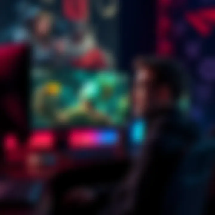 A veteran player sits at a computer, playing Dota 2 while looking reflective. On the screen, icons of heroes from Dota 2 and League of Legends are visible, hinting at the complexities of both games.