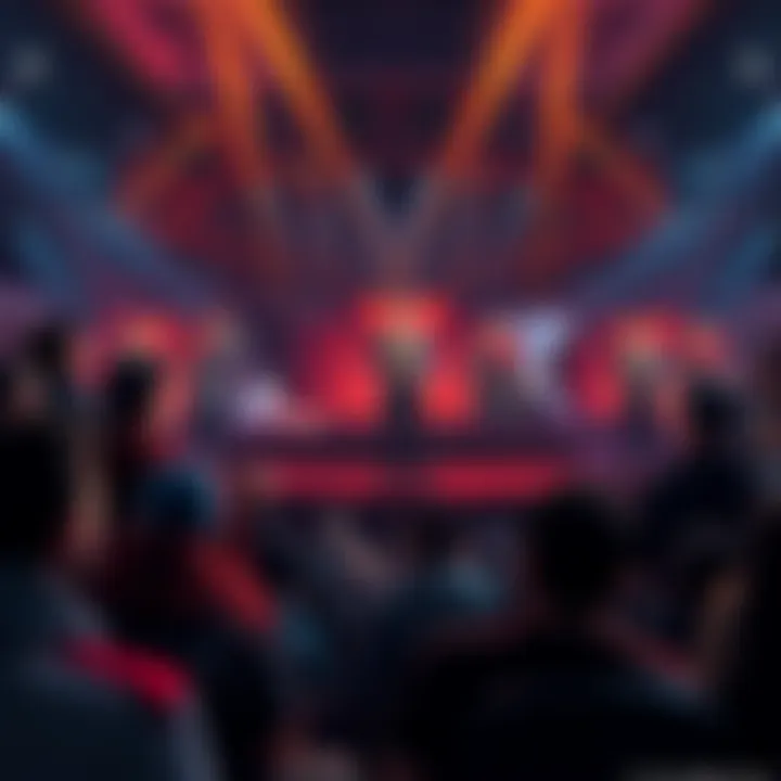 A crowd of fans watching a Dota 2 match, with one match on screen showing unusual player behavior, raising suspicions of match-fixing.