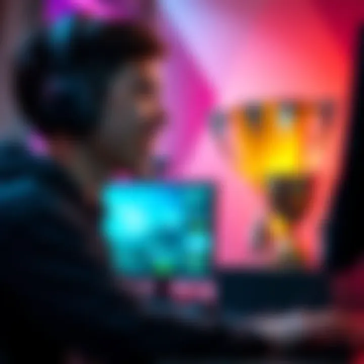 A DOTA 2 player smiling while watching the game on a computer screen, with a trophy in the background symbolizing success and achievement.