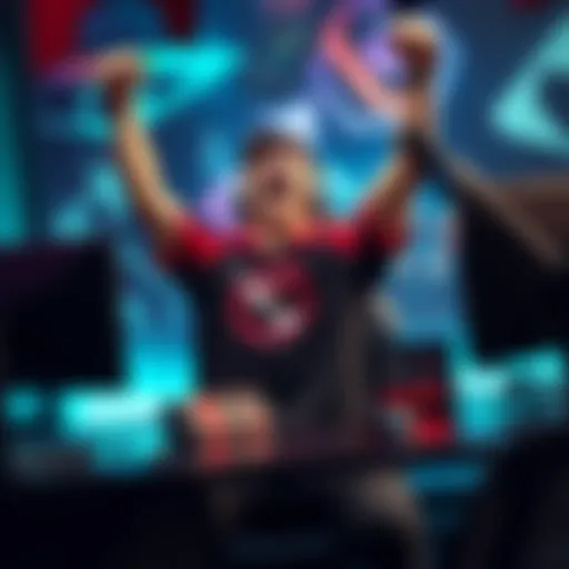 Dota 2 Player Celebrating A Dota 2 player celebrating after achieving a high behavior score, with a gaming setup in the background.