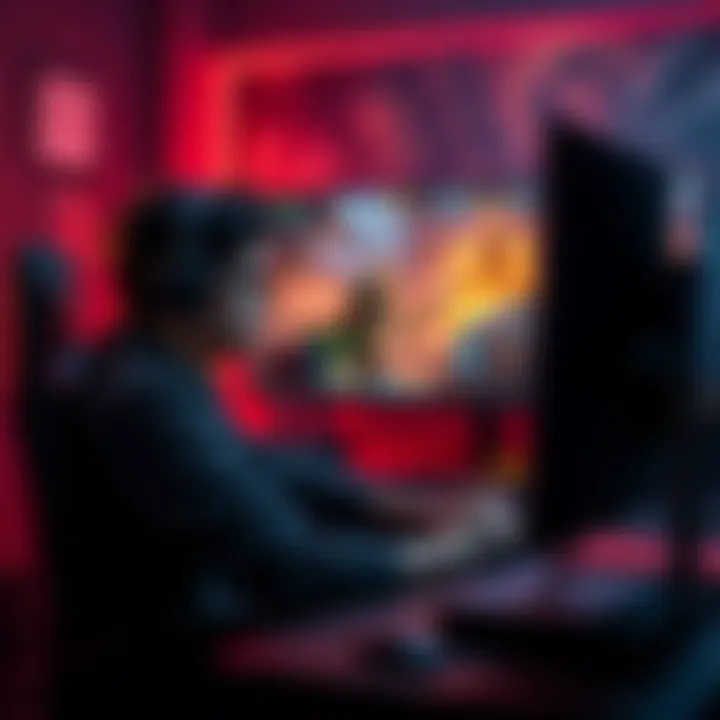 A Dota 2 player sits at their computer, looking frustrated while playing the game. The screen shows Dota 2 gameplay in the background, illustrating their struggle with teamwork and strategy.