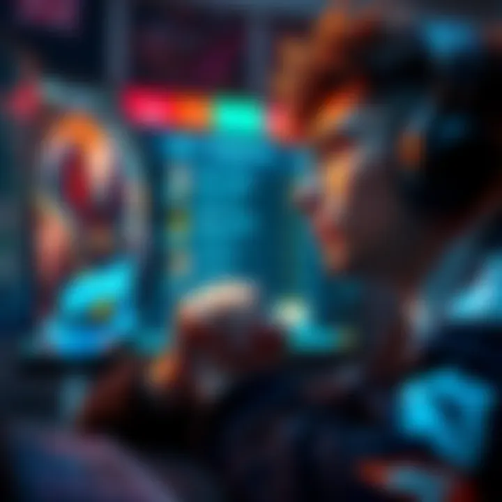 A Dota 2 player looking thoughtful while gaming, with a screen showing gameplay and rankings in the background