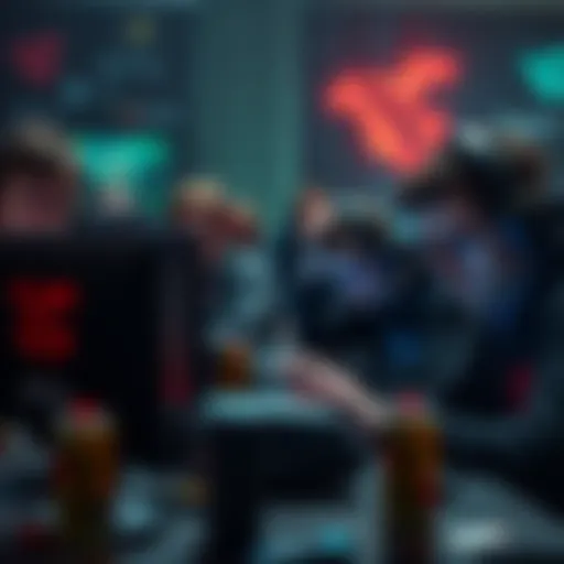 Group of gamers looking tired and frustrated while playing Dota 2, surrounded by gaming equipment and energy drinks