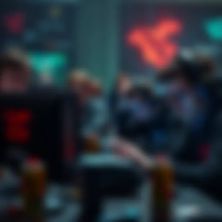 Group of gamers looking tired and frustrated while playing Dota 2, surrounded by gaming equipment and energy drinks
