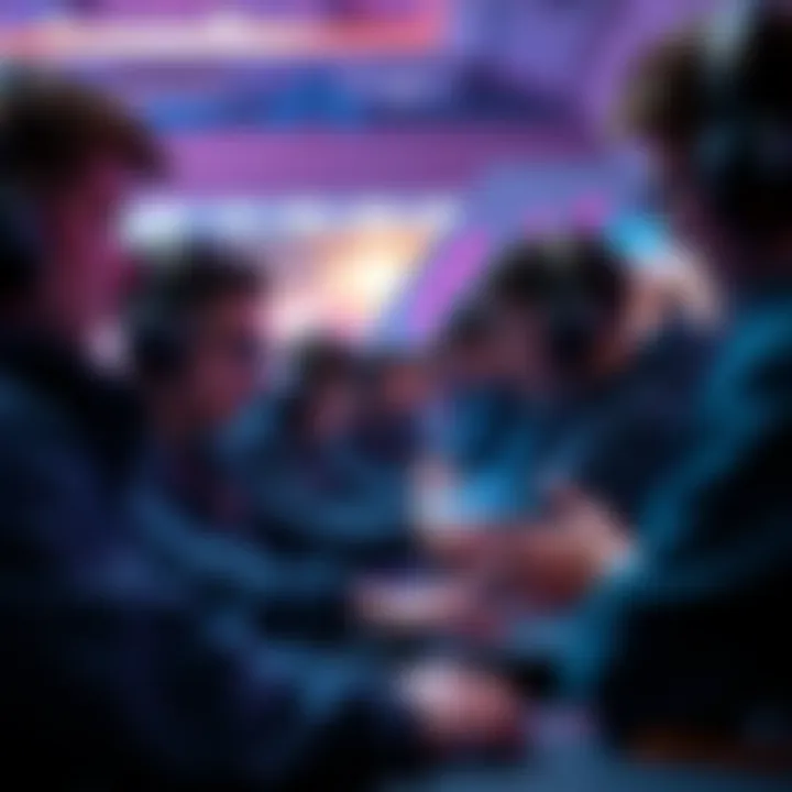 A group of Dota 2 players in a gaming tournament, focused and engaged in fair play, representing the integrity of the gaming community.