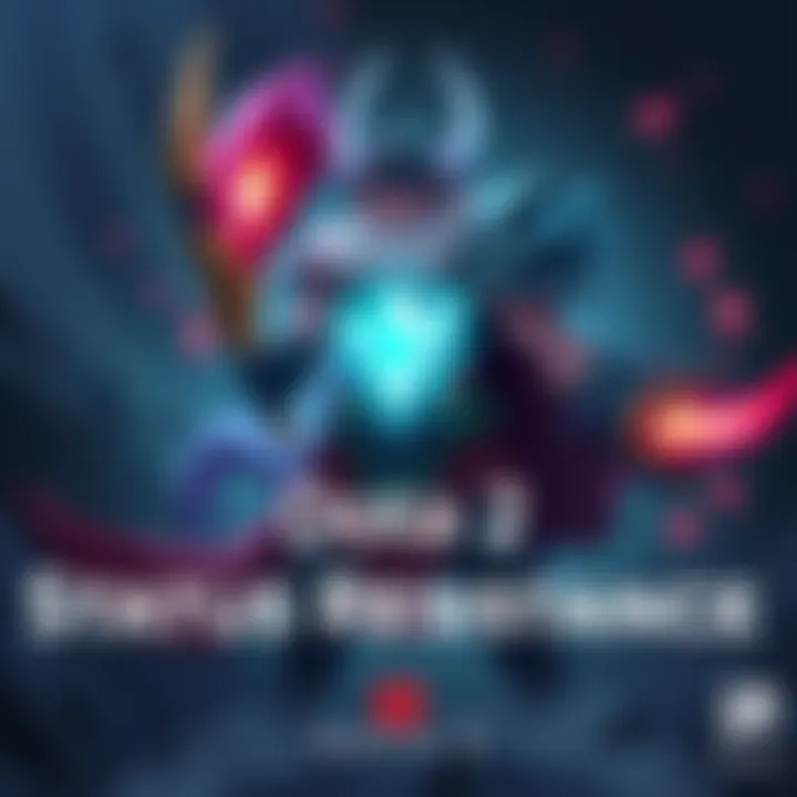 Illustration showing a Dota 2 character with visual effects representing Status Resistance, alongside items like Sange and Yasha, impacting gameplay.