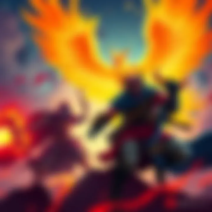 Illustration showing characters Faceless Void, Invoker, Mars, Phoenix, and Oracle engaged in battle, showcasing their teamwork and abilities.