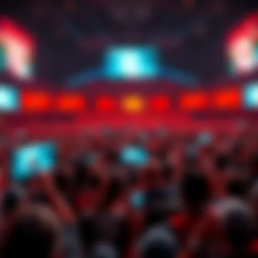A large crowd cheering at a Dota 2 tournament with screens displaying gameplay, showing excitement and focus on the game.