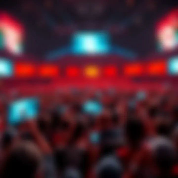 A large crowd cheering at a Dota 2 tournament with screens displaying gameplay, showing excitement and focus on the game.