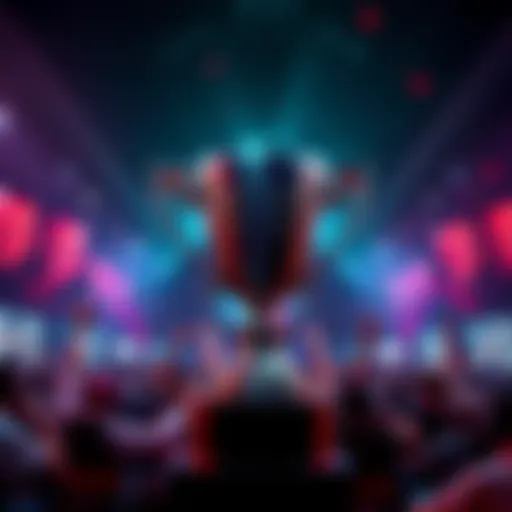 Dota 2 Trophy A Dota 2 trophy symbolizing high prize pool earnings with gamers celebrating in the background