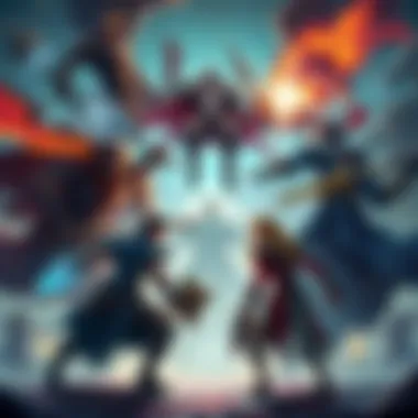 Illustration showing various Dota characters showcasing their abilities and power levels in a competitive setting