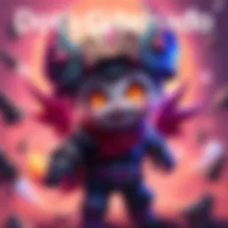 A charming character from Dota with bright colors and a playful demeanor, set against a vivid background showcasing elements of their dark past.