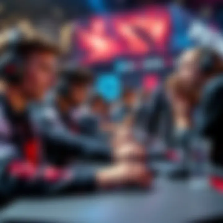 A group of players intensely focused on a Dota match in a European gaming arena, showcasing their competitive spirit and teamwork.