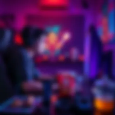 A gamer intensely focused on playing Dota in a dimly lit room at 3 AM, with a colorful screen illuminating their face and snacks on the table.