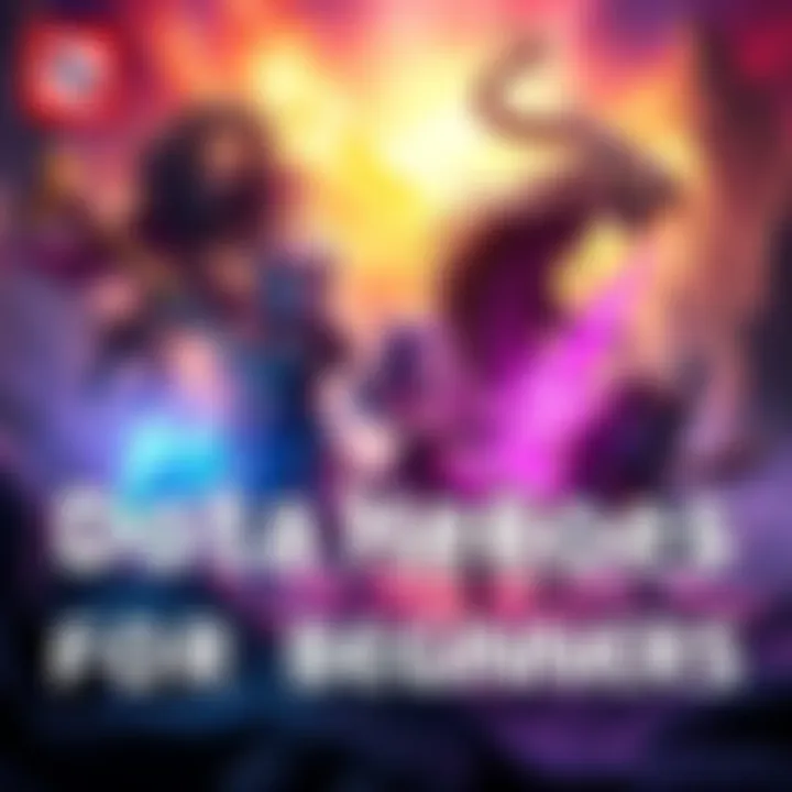 Four beginner-friendly Dota heroes including Lion, Viper, Spirit Breaker, and Clinkz in action on a fantasy battlefield