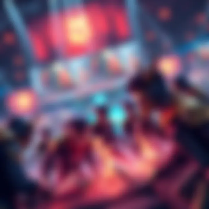 A group of Dota heroes competing in a tournament setting, showcasing teamwork and strategy, with a backdrop of a lively esports arena.