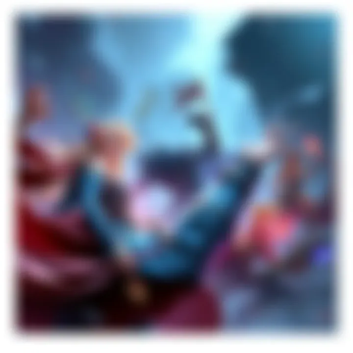 Concept art showing a Dota scene with characters using skills, each triggering different music themes, creating a dynamic atmosphere.