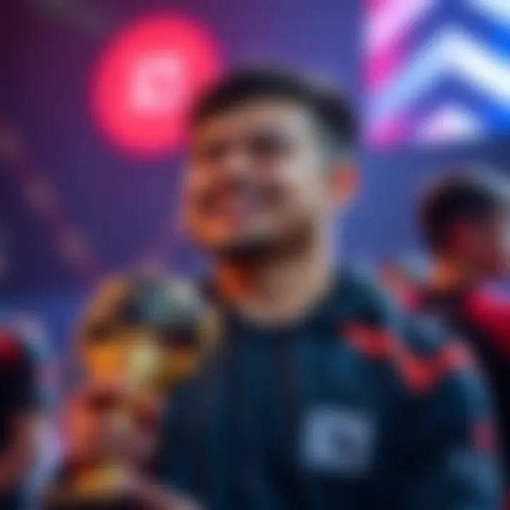 Dota Player Celebrating Achievements A 32-year-old Dota player smiles while holding a trophy, reflecting on years of gameplay and preparing for fatherhood.