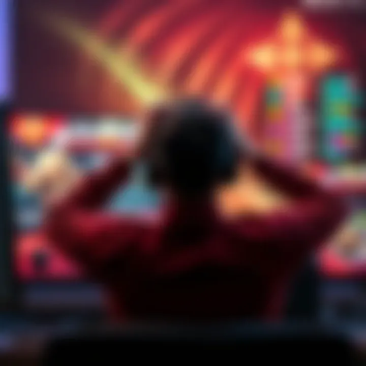 A frustrated Dota player sits in front of a computer, hands on head, expressing disappointment after a match. The screen shows a Dota game with teammates' scores and stats visible.