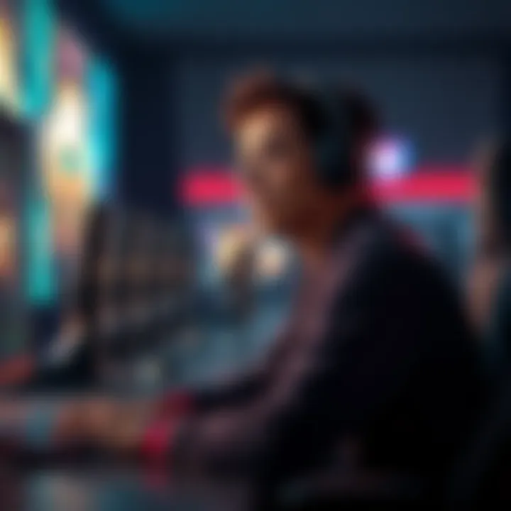 Dota player looking thoughtful A Dota player sitting at a gaming desk, appearing deep in thought with a slight frown, focusing on their screen during a match.