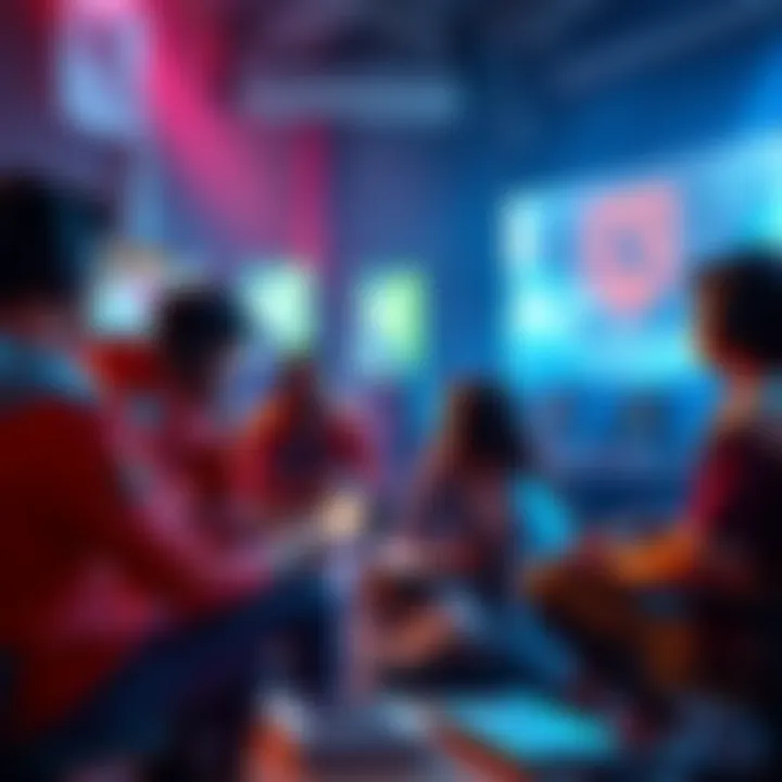 A group of Dota players sitting together, sharing ideas about improving the game with notes and laptops