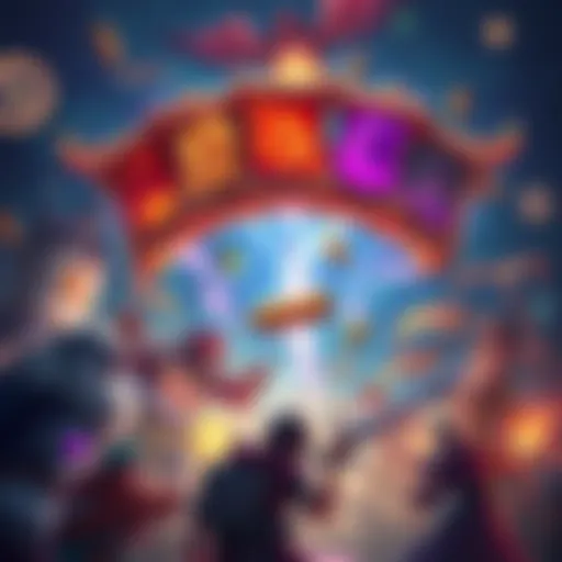 Dota Spell Scroll Concept A colorful illustration of spell scrolls floating above Dota characters in a chaotic battle scene, showcasing various magical effects and humorous interactions.
