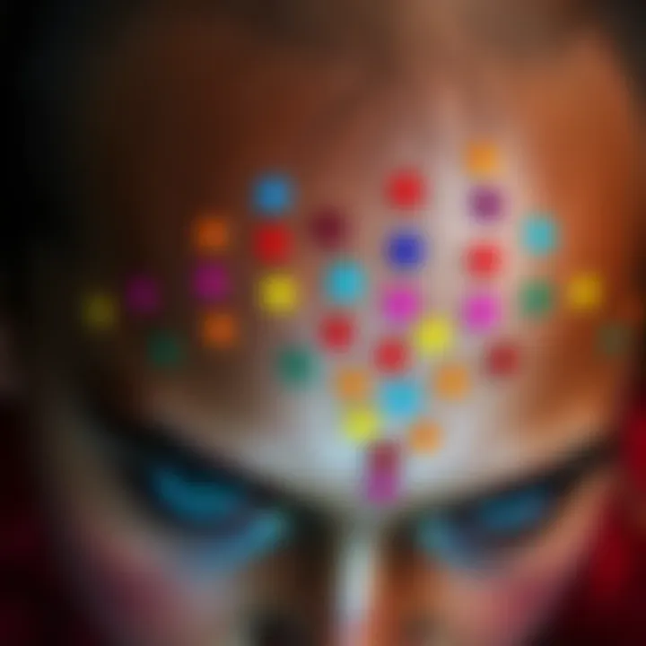 Close-up of a person's forehead showing multiple colorful dots, symbolizing cultural significance