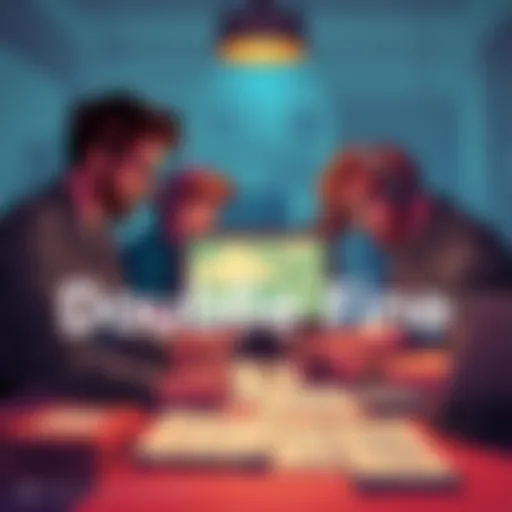 A team of game developers at Double Fine working on creative projects with a computer and sketches around them